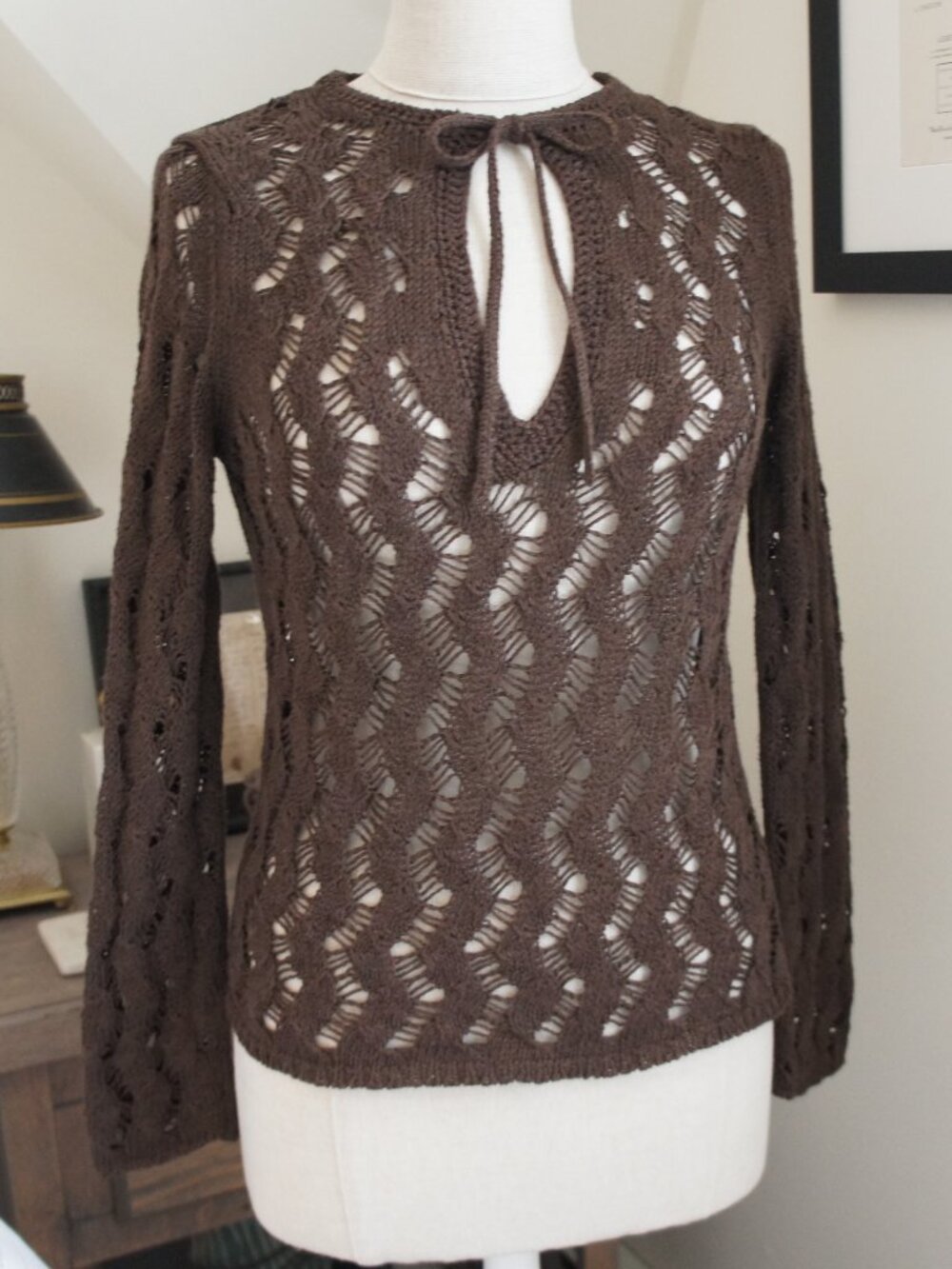 Ann Taylor Loft Brown Open Knit Keyhole Pullover Tie Top Size Small
